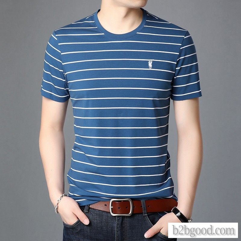 Loose and comfortable mercerized cotton T-shirt with round collar, stripe, small embroidery