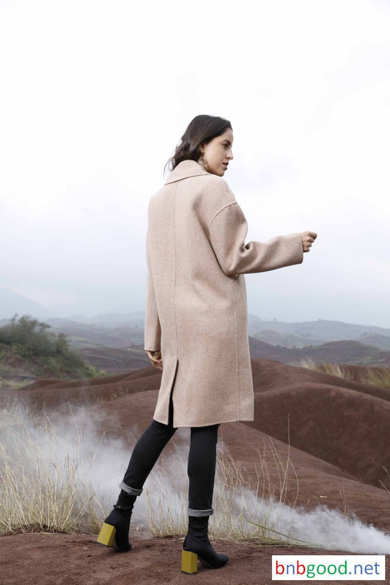 Pointed collar double buckle long sleeves, pink white, ladies long coat
