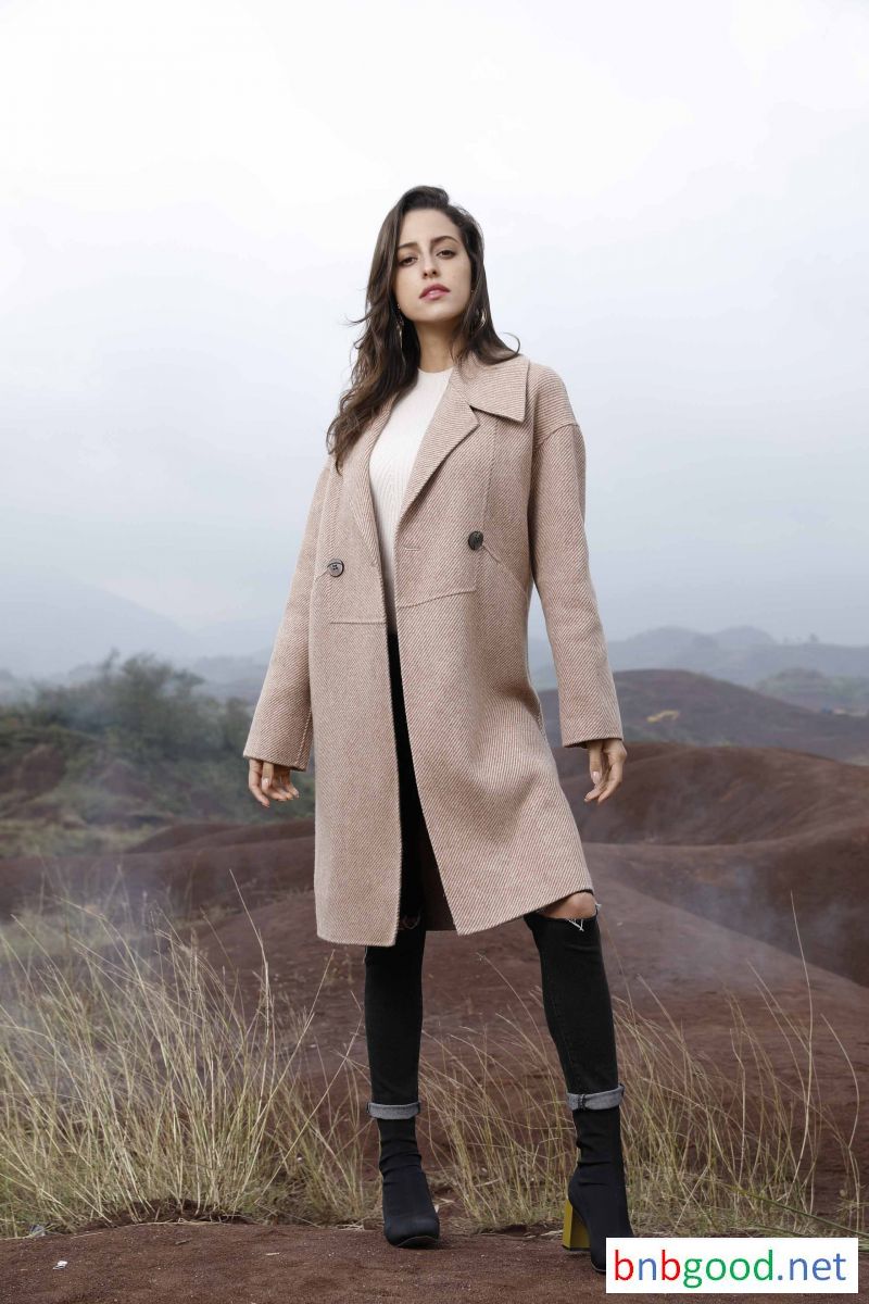 Pointed collar double buckle long sleeves, pink white, ladies long coat