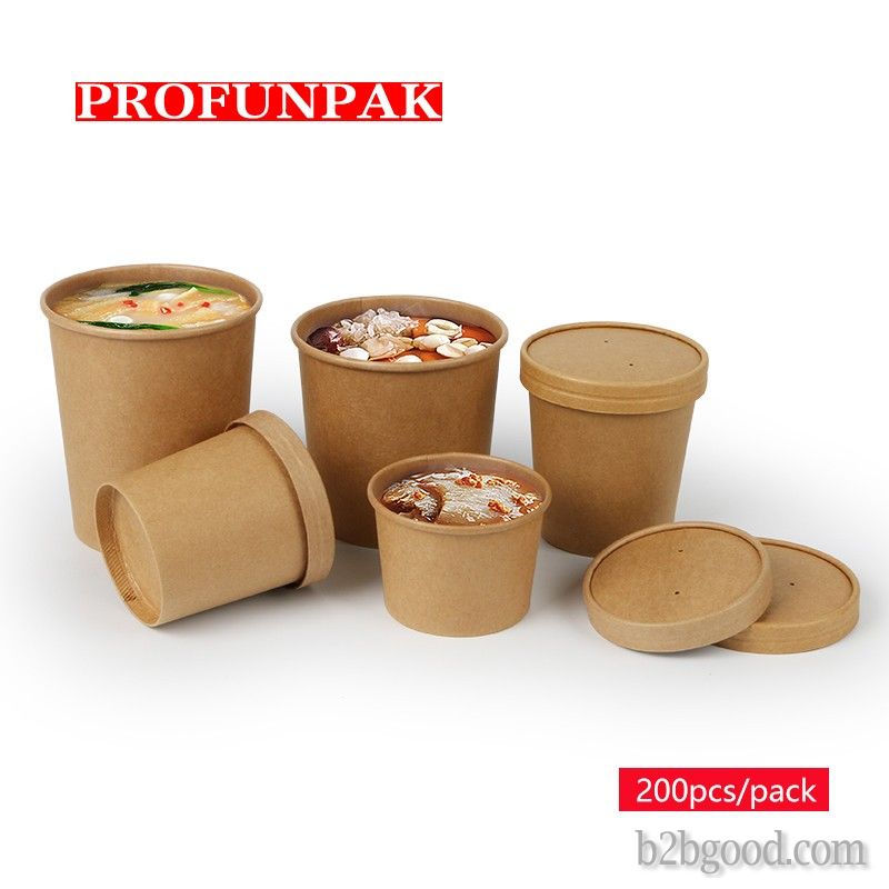 Profunpak disposable kraft paper soup cups with breathable paper lid, 200 to go takeaway soup cups p